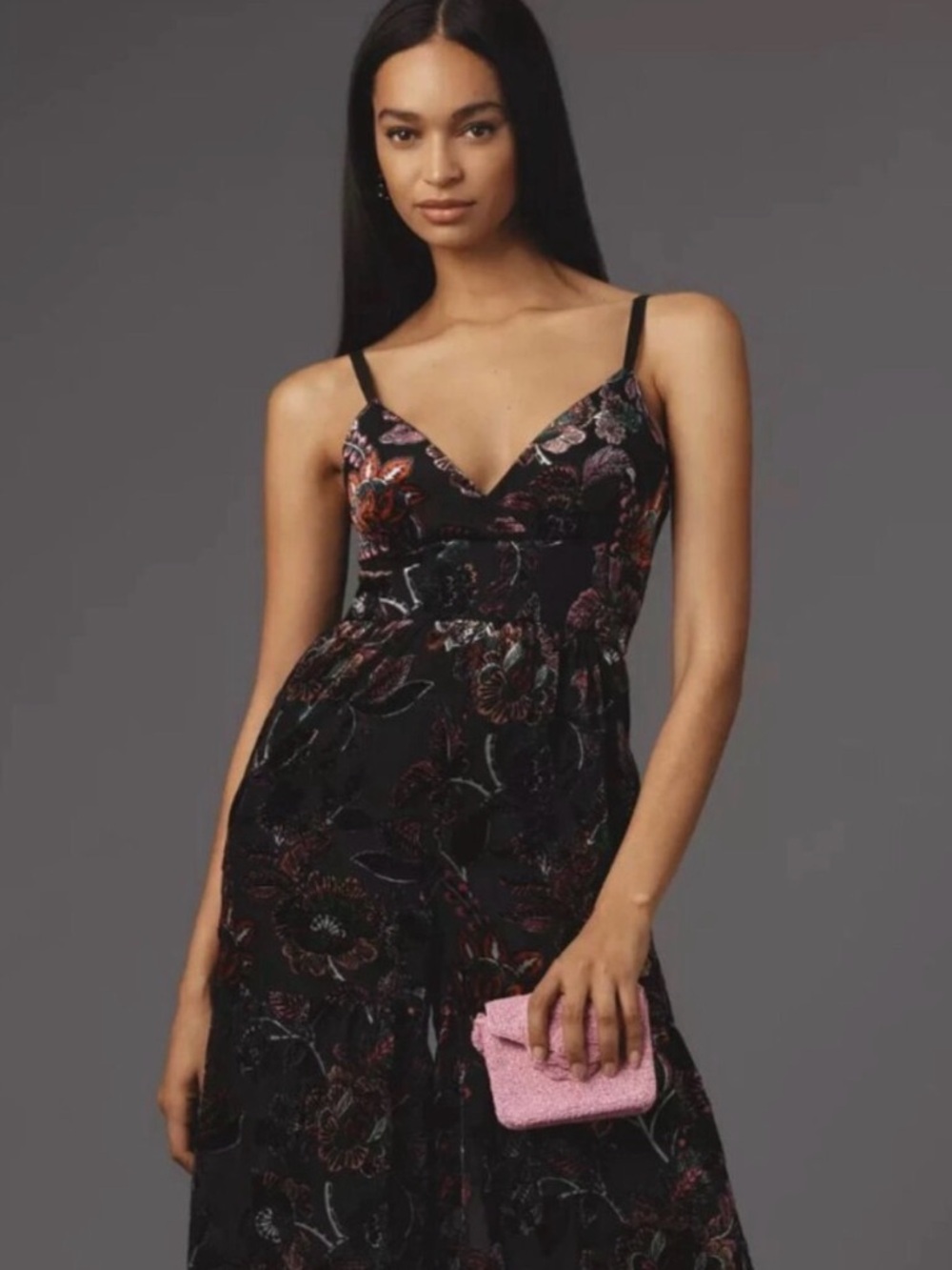 Anthropologie Black Floral Boot-Cut Jumpsuit with Pink & Green Accents